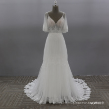 Sexy Illusion Backless V Neck Sweep Train Lace Fashion Bride Short Sleeve  Wedding Dress